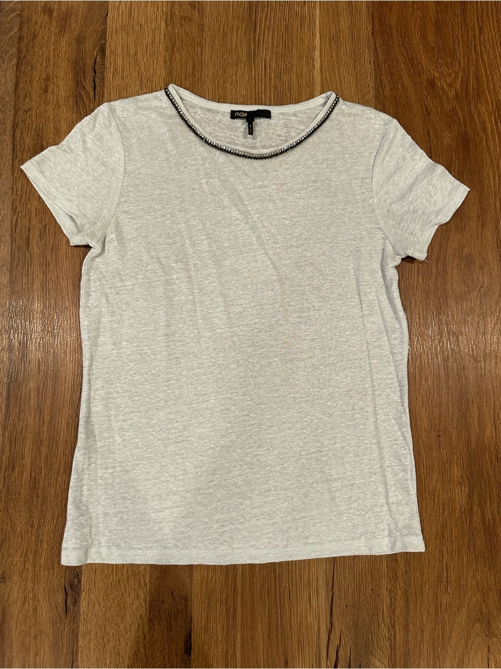 Maje Light Gray Short Sleeve Tee with Beaded Neckline